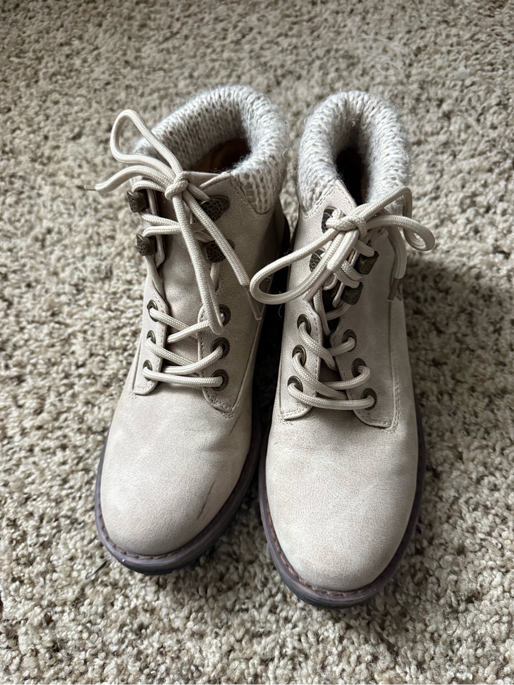 Women's Knit-Collar Lace-Up Ankle Boots in Cream